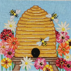 Bee Skep with Zinnias Canvas
