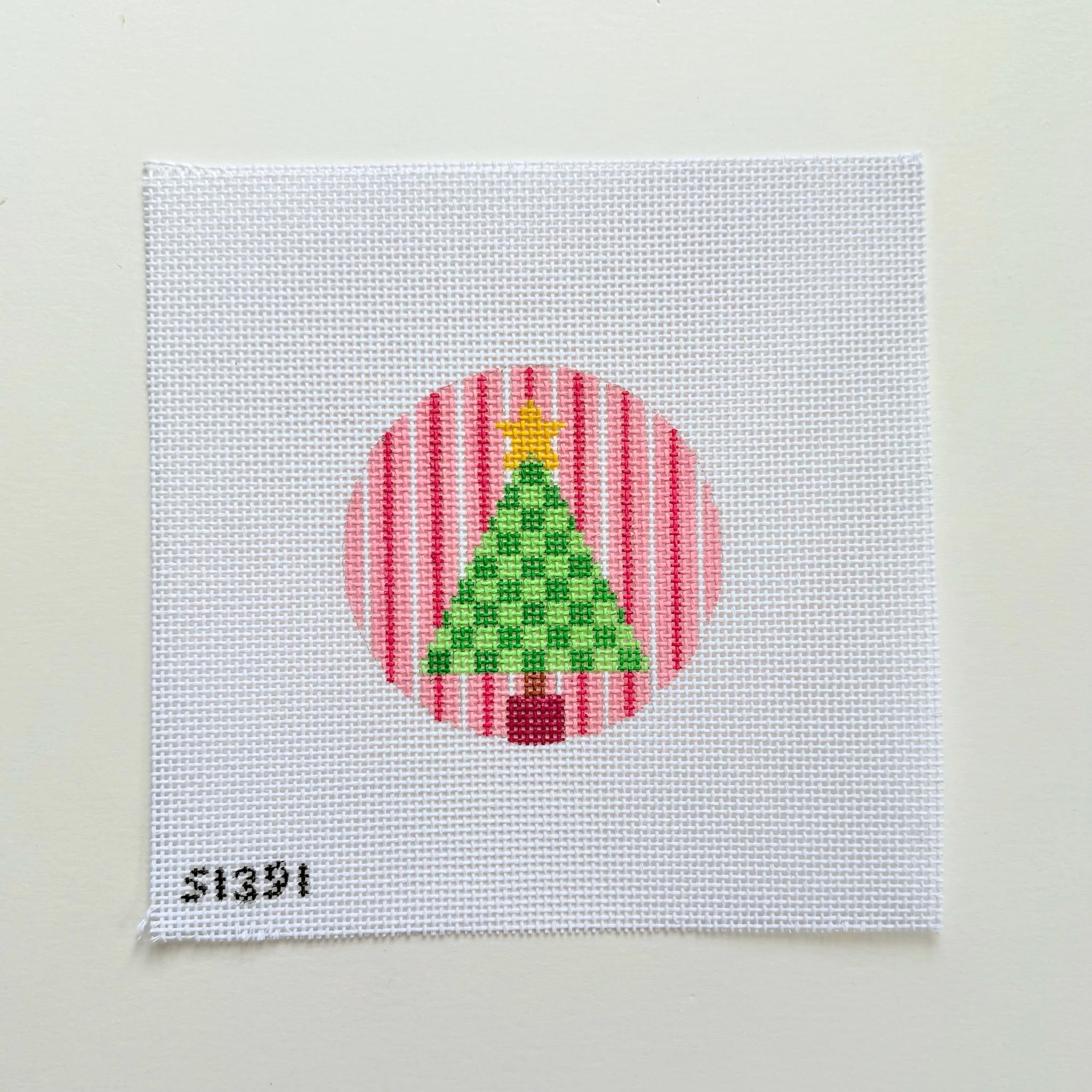 Green Check Tree on Stripes Needlepoint Canvas