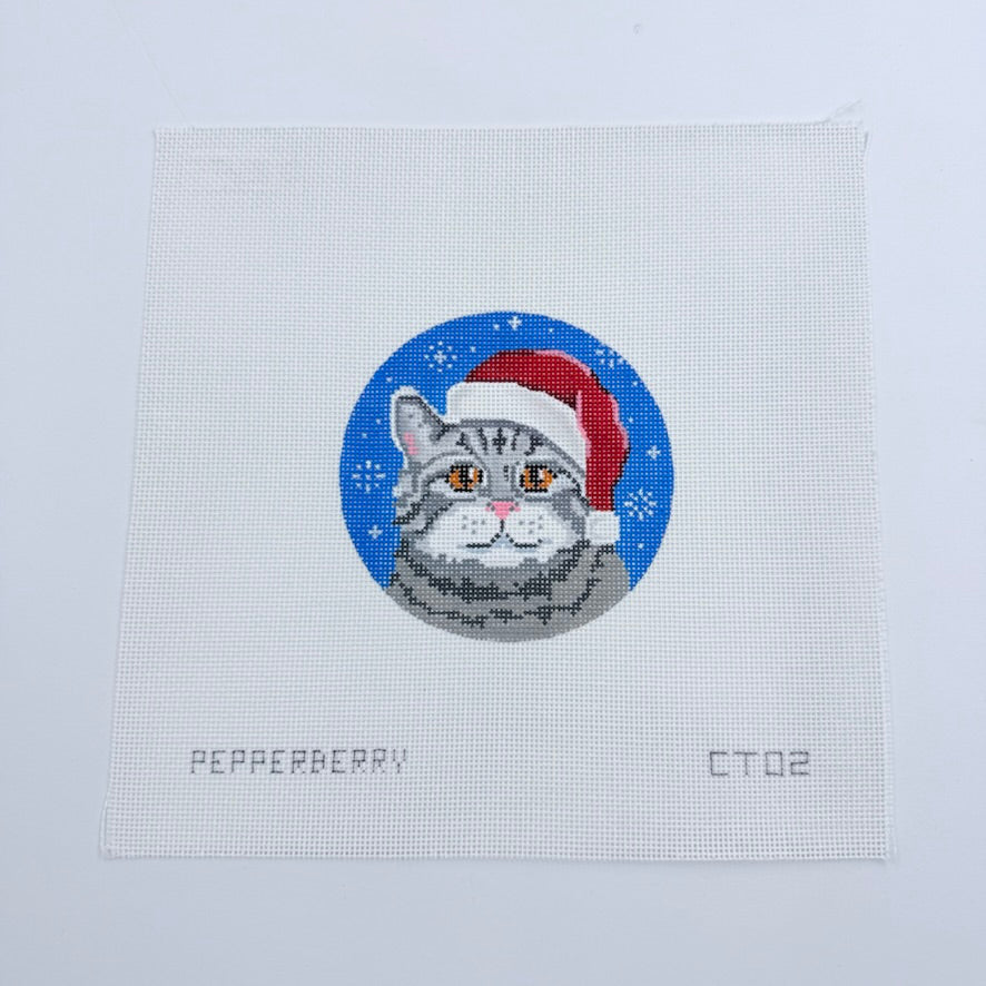 Grey Tabby Santa Ornament Canvas