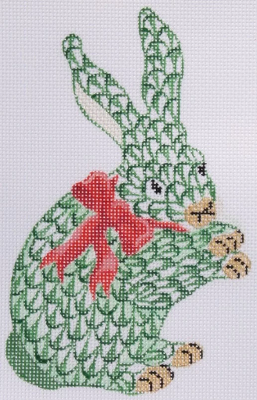 Herend Green Bunny Standing with Red Bow Ornament Canvas