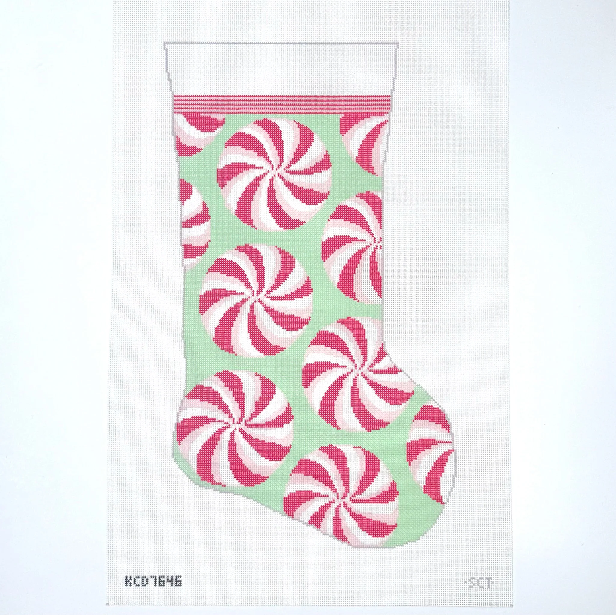 Red and Mint Peppermint Stocking Needlepoint Canvas