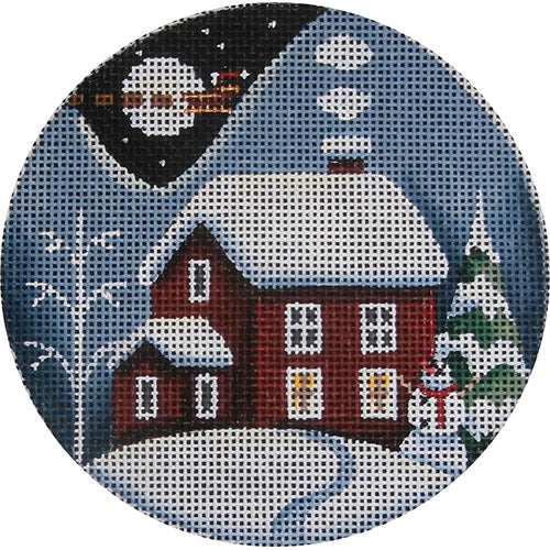 Red Winter Cabin Round Canvas