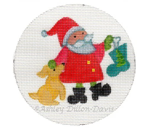 Santa with Dog and Stocking Round Canvas