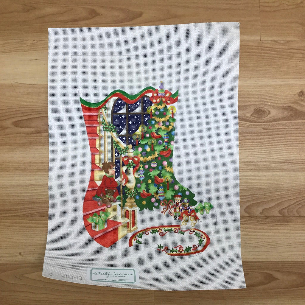 Staircase with Decorated Tree and Boy Stocking Canvas